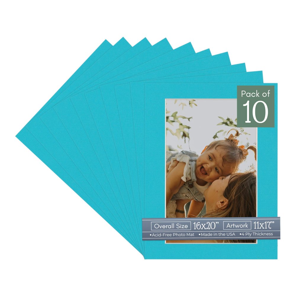 Aquamarine Acid Free 16x20 Picture Frame Mats with White Core Bevel Cut for 11x17 Pictures - Fits 16x20 Frame - Pack of 10 Mats - with Bags & Backings