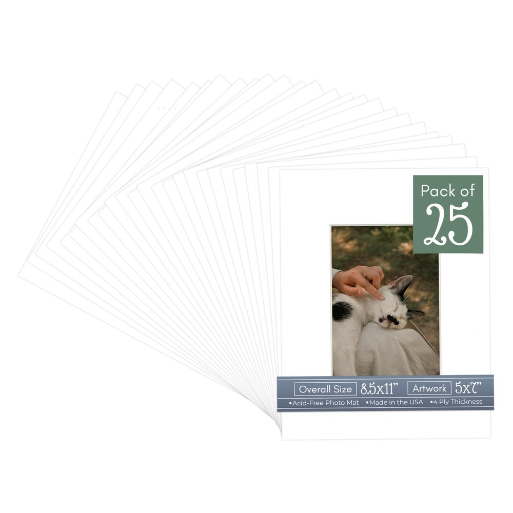 CountryArtHouse Textured White Acid Free 8.5x11 Picture Frame Mats with White Core Bevel Cut for 5x7 Pictures - Fits 8.5x11 Frame - Pack of 25 Mats - with Bags & Backings