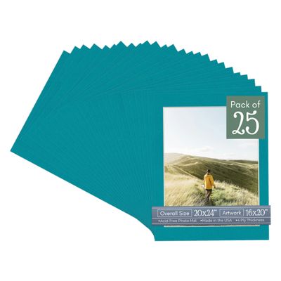 CountryArtHouse Teal Acid Free 20x24 Picture Frame Mats with White Core Bevel Cut for 16x20 Pictures - Fits 20x24 Frame - Pack of 25 Mats - with Bags & Backings