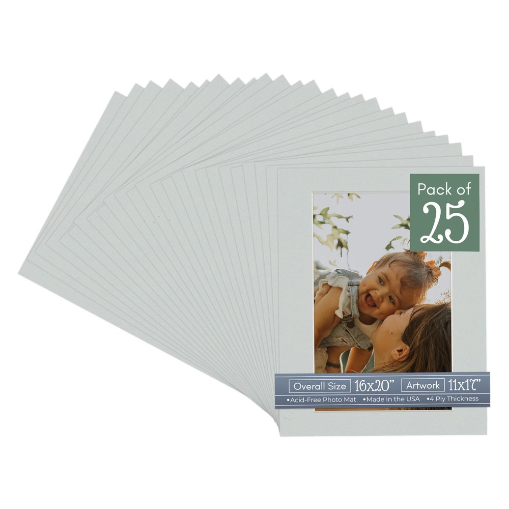 CountryArtHouse Grey Acid Free 16x20 Picture Frame Mats with White Core Bevel Cut for 11x17 Pictures - Fits 16x20 Frame - Pack of 25 Mats