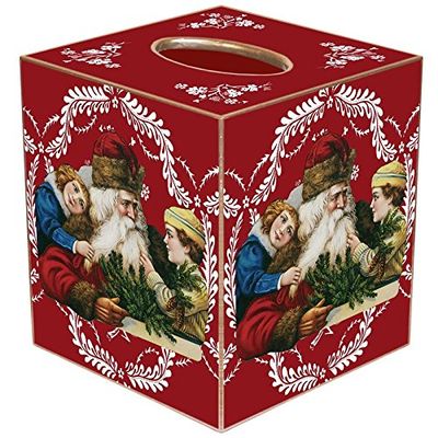 Santa with Children on Red Provincial Paper Mache Tissue Box Cover