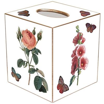 Marye-Kelley White-Pink Hydrangea, Rose, Hollyhock & Hyacinth Paper Mache Tissue Box Cover
