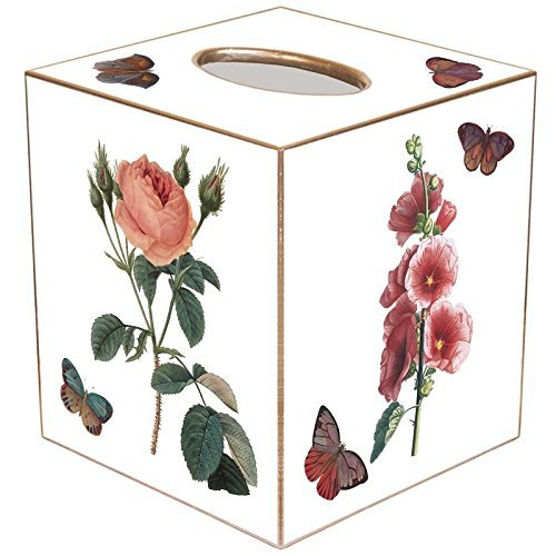 Marye-Kelley White-Pink Hydrangea, Rose, Hollyhock & Hyacinth Paper Mache Tissue Box Cover