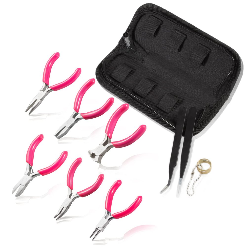 LEONTOOL 6PCS Mini Jewelry Pliers Set, 3 Inches Pliers Set with Long Nose Pliers Bent Nose Pliers Wire Cutters End Cutting Pliers Flat Nose Pliers Bead Chain Electronics Tweezers Jump Ring Opener