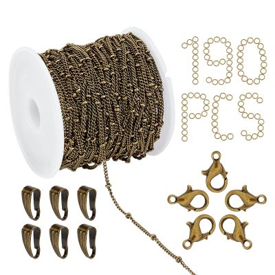 SUNNYCLUE 33 Feet Satellite Chains Brass Link Cable Necklaces Beads 100Pcs Jump Rings 60Pcs Snap on Bails 30Pcs Lobster Claw Clasps Jewelry Making Chain Set for DIY Crafts Supplies, Antique Bronze