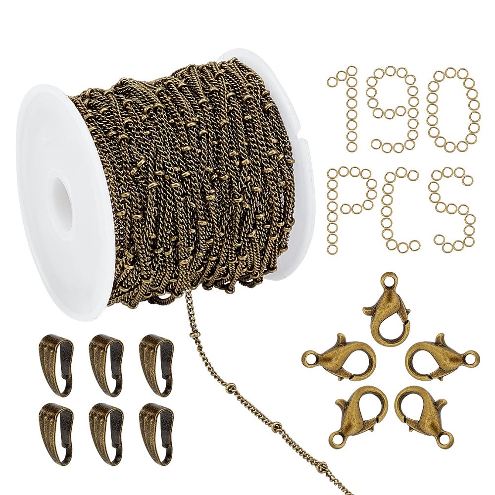SUNNYCLUE 33 Feet Satellite Chains Brass Link Cable Necklaces Beads 100Pcs Jump Rings 60Pcs Snap on Bails 30Pcs Lobster Claw Clasps Jewelry Making Chain Set for DIY Crafts Supplies, Antique Bronze