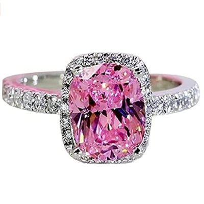 LRGKMCWTOB 925 Sterling Silver Full Pink Crystal Ring Shiny Pink Crystal Ring Square Cut 3Ct Cubic Zirconia Promise Rings CZ Pink Crystal Cocktail Rings Eternity Engagement Wedding Band Ring (US 6)
