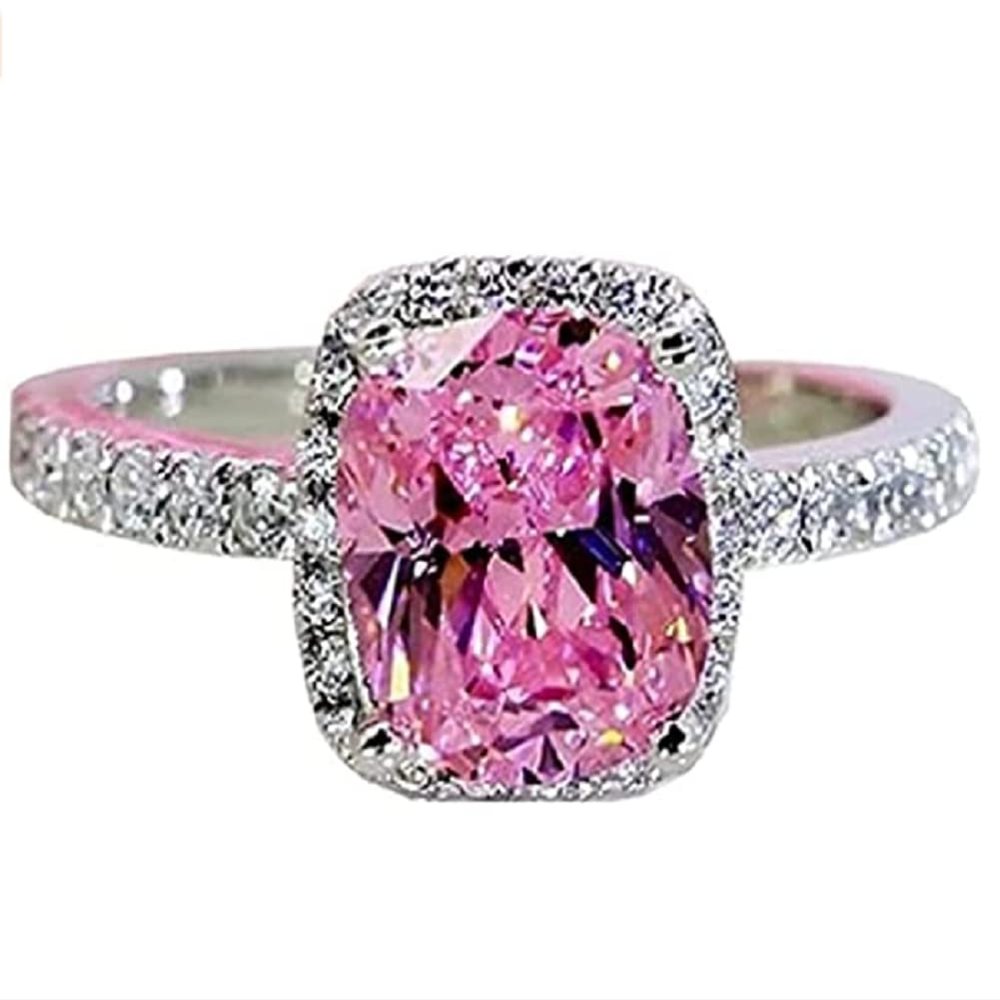 LRGKMCWTOB 925 Sterling Silver Full Pink Crystal Ring Shiny Pink Crystal Ring Square Cut 3Ct Cubic Zirconia Promise Rings CZ Pink Crystal Cocktail Rings Eternity Engagement Wedding Band Ring (US 6)