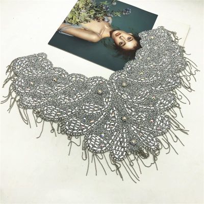 YUNSI Gold One Side Iron On Wedding Embroidered Crystal Rhinestone Collar Necklace Appliques with Fringe(Silver)