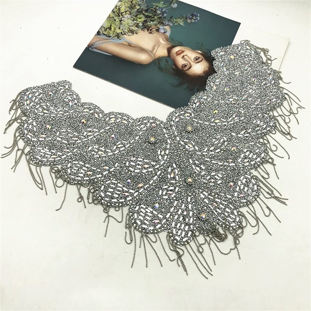 YUNSI Gold One Side Iron On Wedding Embroidered Crystal Rhinestone Collar Necklace Appliques with Fringe(Silver)
