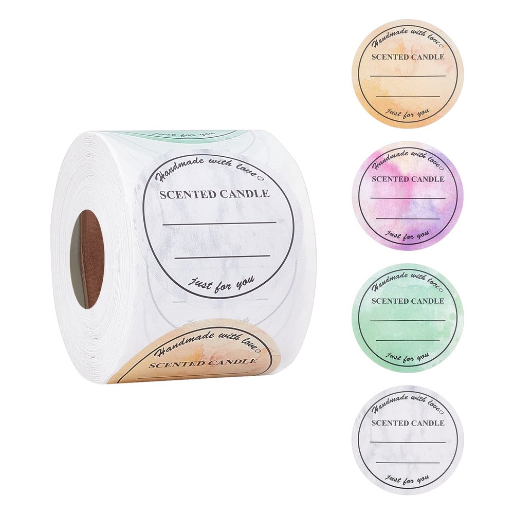 PH PandaHall 2 Inch Candle Stickers, 500pcs Waterproof Scented Candle Labels 4 Colors Handmade Candle Jar Stickers Self Adheisive Candle Labels for Candle Tins, Candle Boxes Packaging