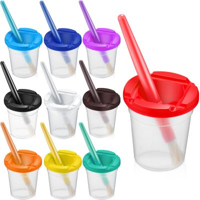 10 Pcs Paint Cups with Lids for Kids Leakproof No Spill Paint Cups and 10 Pieces Matching Colored Painting Round Brush Set Outdoor Art Supplies