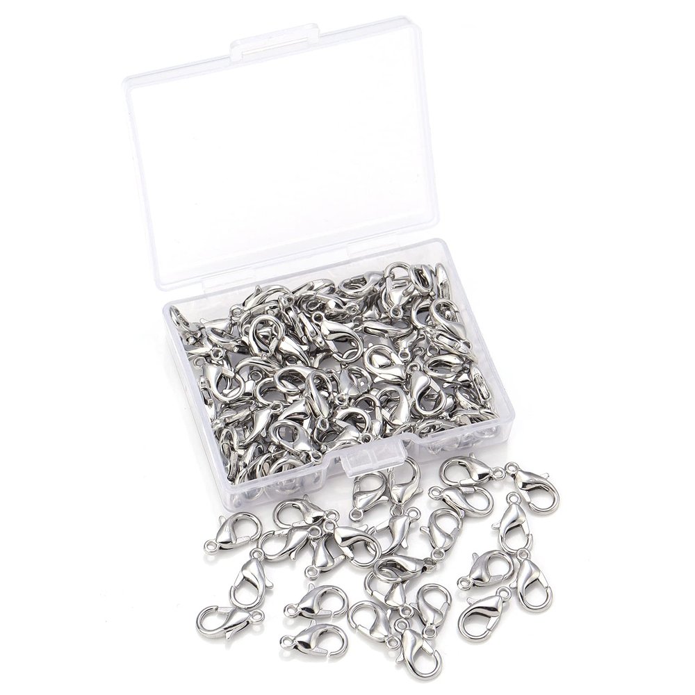 100 Pieces 12x6mm Rhodium Lobster Clasp Set Lobster Claw Clasps for Jewelry Making and Bracelets for DIY Craft Earring Necklace Bracelet Pendant Choker Jewelry Making Findings and Key Chain