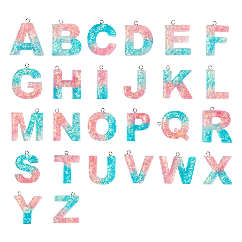 FASHEWELRY 26Pcs Letter Resin Mold Charms 3D Alphabet Silicone Molds Pendants with Paillette for Keychain Necklace Jewelry Making Craft Ornaments