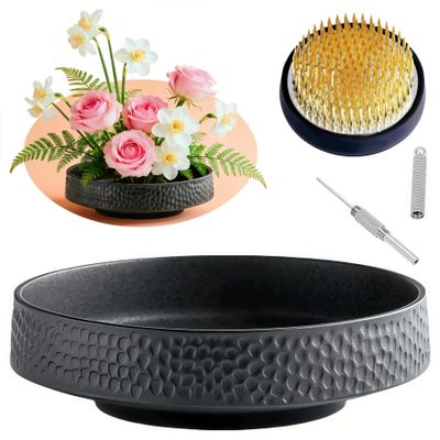 Japanese Ikebana Vase Kit Flower Frog Japanese Flower Arranging Supplies Flower Container with Needle Straightening Tool & Kenzan - 2.4inch Floral Frog (Ikebana Bowl - Hammering Pattern)