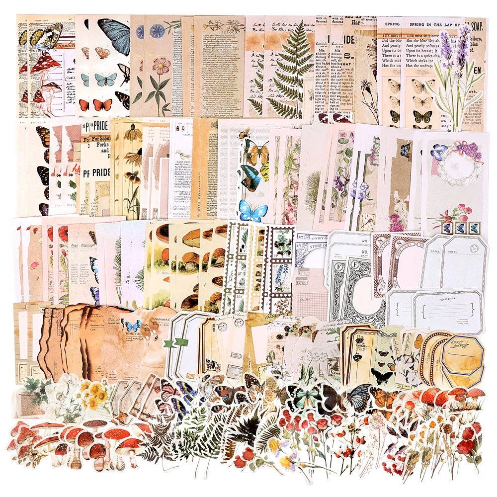 Draupnir 200pcs Vintage Junk Journal Supplies,Scrapbook Supplies Scrapbooking Paper and Stickers Ephemera for Art Aesthetic Journaling Kit Collage(Nature)