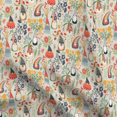 Spoonflower Fabric - Flowers Gnomes Nature Garden Folklore Florals Printed on Organic Cotton Sateen Fabric Fat Quarter - Sewing Quilting Apparel Home Decor
