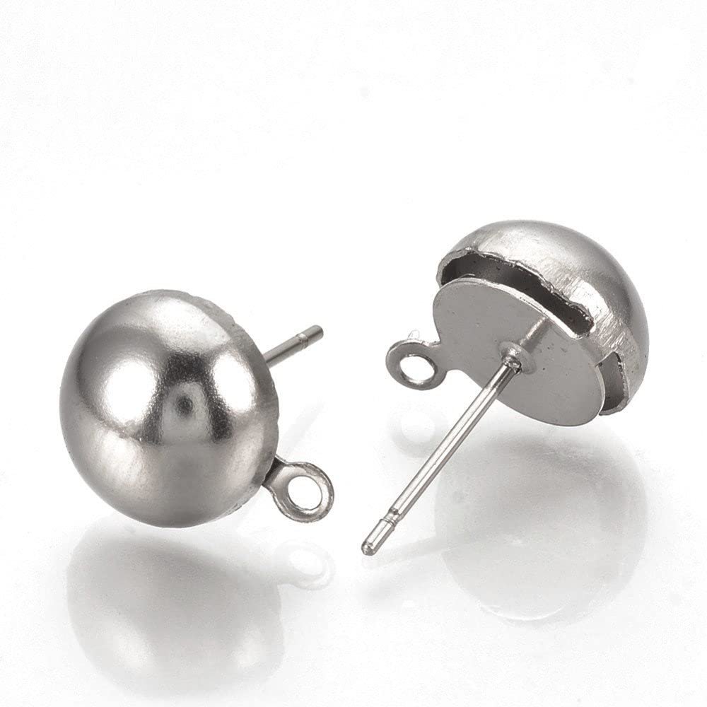 10 pcs. (5 Pairs) 304 Stainless Steel Earring Half Round Ball Posts Settings with Loop - 14.5mm x 12mm - Hole: 1mm - Stoppers Included!