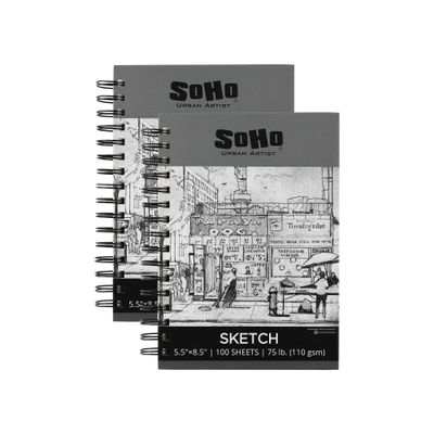 Soho Urban Artist 2 Pack 5.5x8.5 Sketchpad, 100 Sheets of Spiral Bound Sketch Book Paper (75lb/110gsm) for Artist Pro & Amateurs, Colored Pencil, Charcoal and Graphite for Sketching