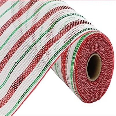 10.5 inch x 30 feet (10 Yards) Poly Faux Jute Matte Metallic Mesh Ribbon, Christmas Lime Green, Red, Emerald