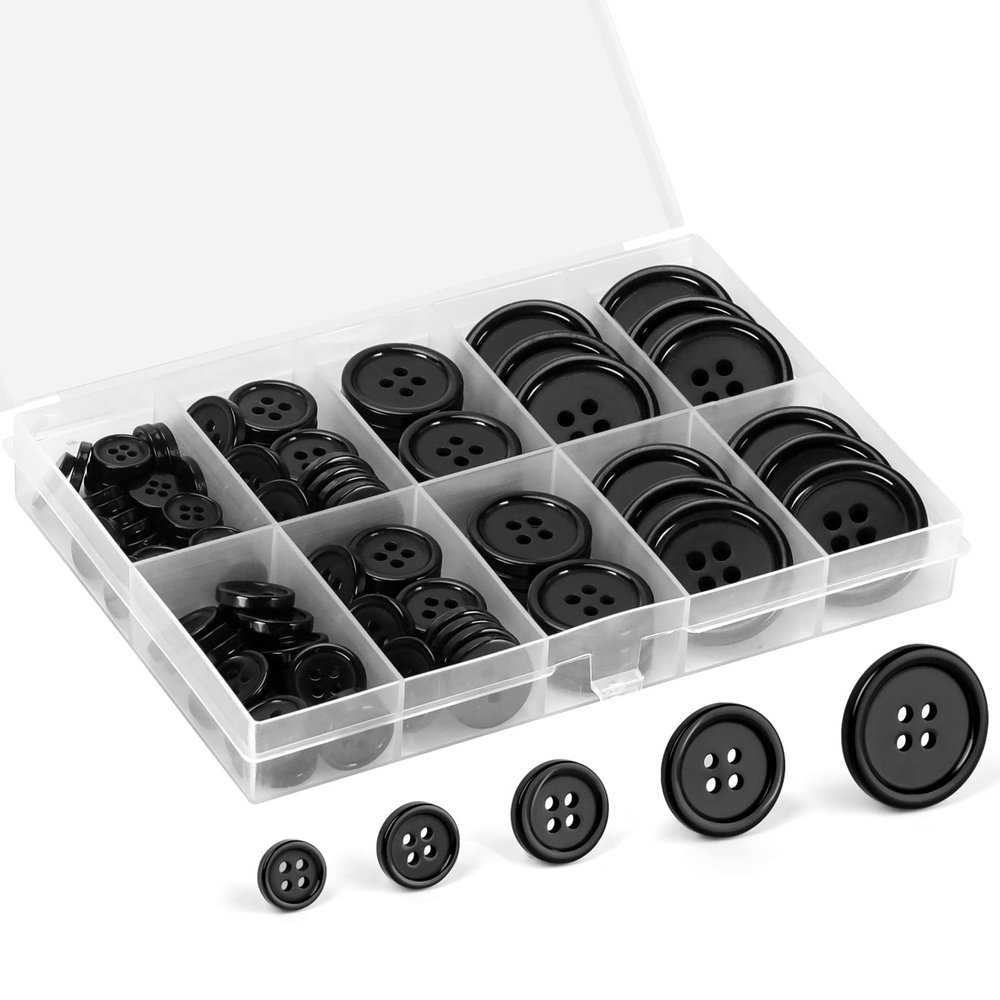 110PCS Premium Black Buttons with Compartment Box, EZJIAYOU 5 Perfect Sizes Mixed Sewing Buttons, 4 Big Holes Round Craft Button, for Sewing, DIY and Decoration