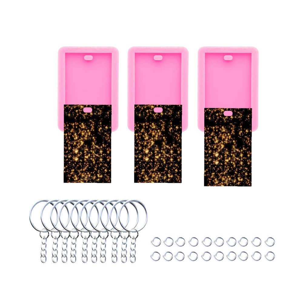 AMZTOART 3pc Shiny Rectangle with Hole Resin Silicone Keychain Mould Art DIY Handmade Charms Mold with 10PC Key Ring(DY0575+DY0575+DY0575)