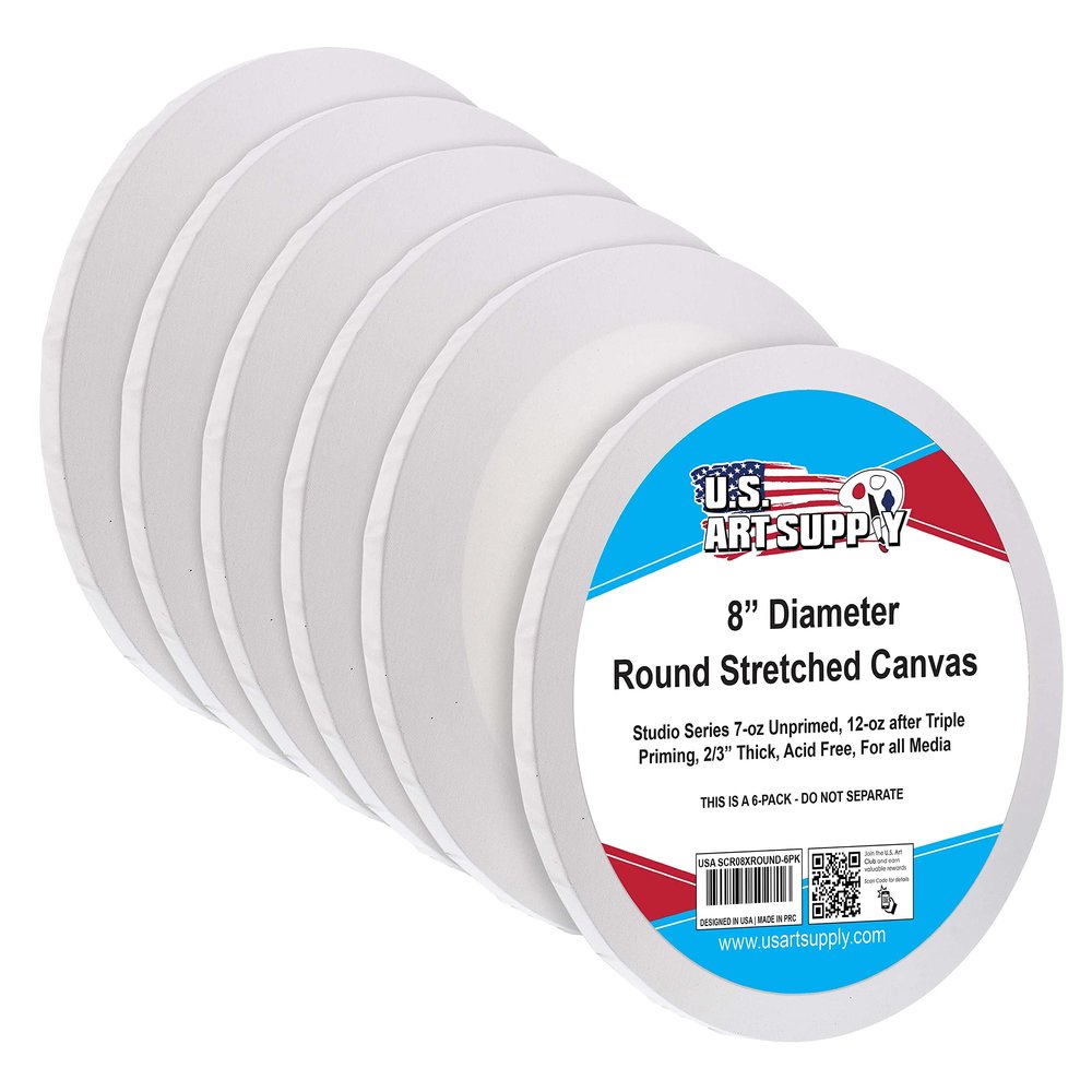U.S. Art Supply 8 Inch Diameter Round 12 Ounce Primed Gesso Professional Quality Acid-Free Stretched Canvas (Pack of 6)