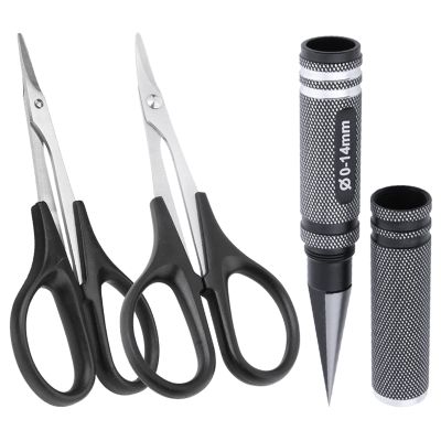 FriHobby RC Body Reamer Hole Puncher 0-14mm, Curved Scissors & Straight Scissors Combo Repair Tools Set for RC Car Quadcopter Body Shell Body Mounts Lexan Plastic Trimming Cutting, (Black)