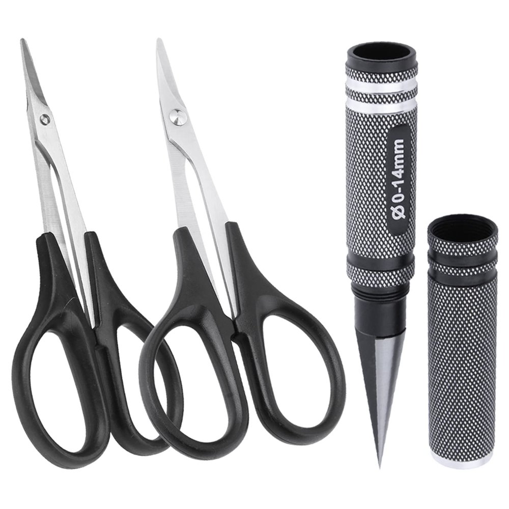 FriHobby RC Body Reamer Hole Puncher 0-14mm, Curved Scissors & Straight Scissors Combo Repair Tools Set for RC Car Quadcopter Body Shell Body Mounts Lexan Plastic Trimming Cutting, (Black)
