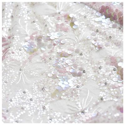 Tulle Lace Fabric 1 Meter Ivory Mesh Pink Sequins Embroidered Bridal Wedding Dress Sewing 130CM 51" Wide L24A19