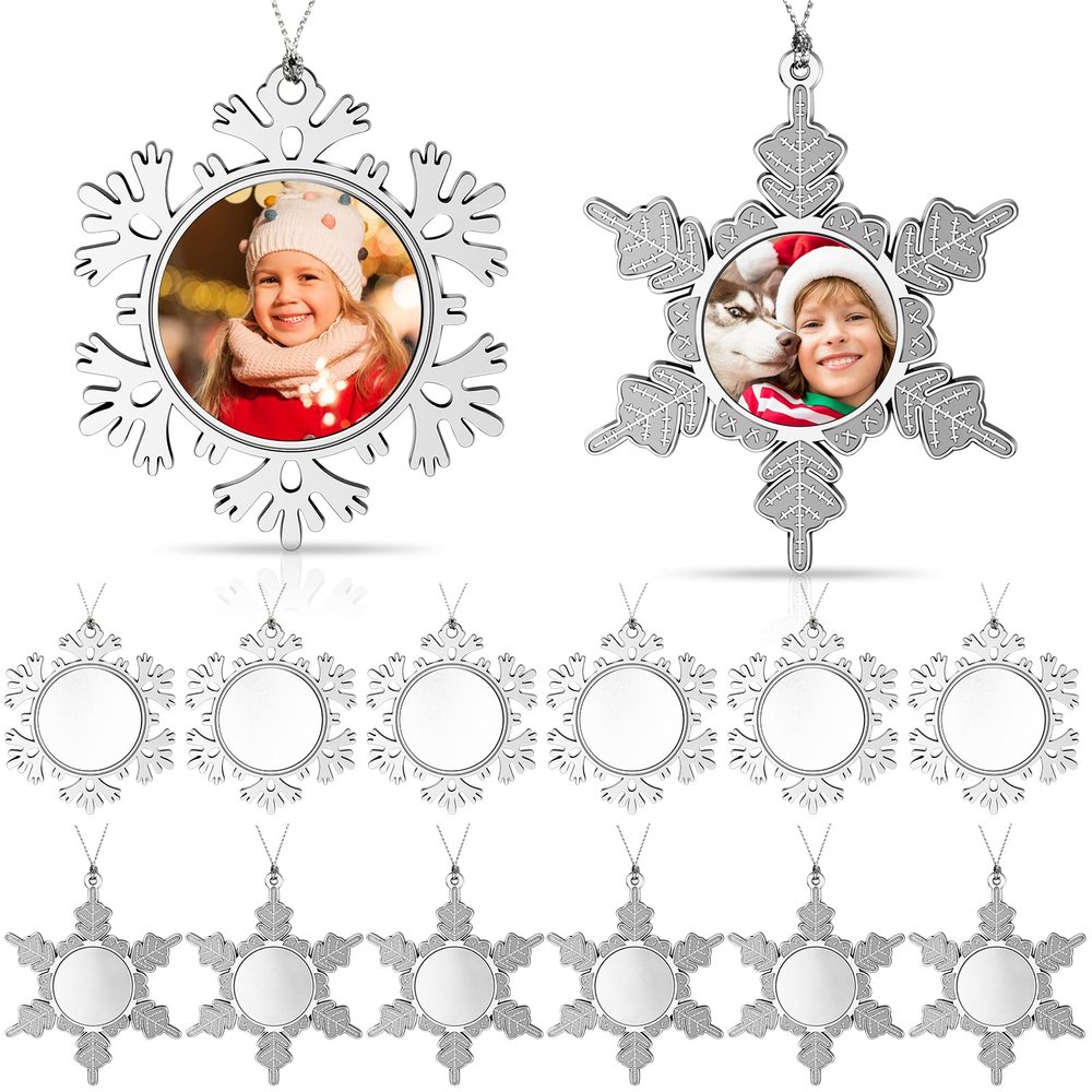Snowflake Sublimation Christmas Ornaments Blanks Bulk, Metal DIY Craft Sublimation Ornament Blanks Christmas Hanging Decor Pendant Heat Press Decor for Xmas Party DIY Home, 2 Styles(12 Pieces)