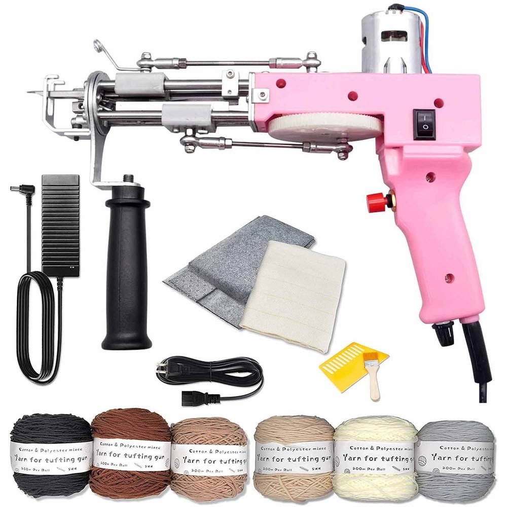 Tufting Gun Cut Pile Rug Gun Machine Starter Kit Rug Tufting Kit Electric Tufting Gun Carpet Weaving Flocking Machine, Includes 1,300 Yards Eco-Cotton Yarn, Tufting Cloth, Felt Backing Cloth (Color :