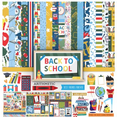 Inkdotpot Back to School Collection Double,Sided Scrapbook Paper Kit Cardstock 12"x12" Card Making Paper Pack of with Sticker Sheet - 16 Pages - Multicolor