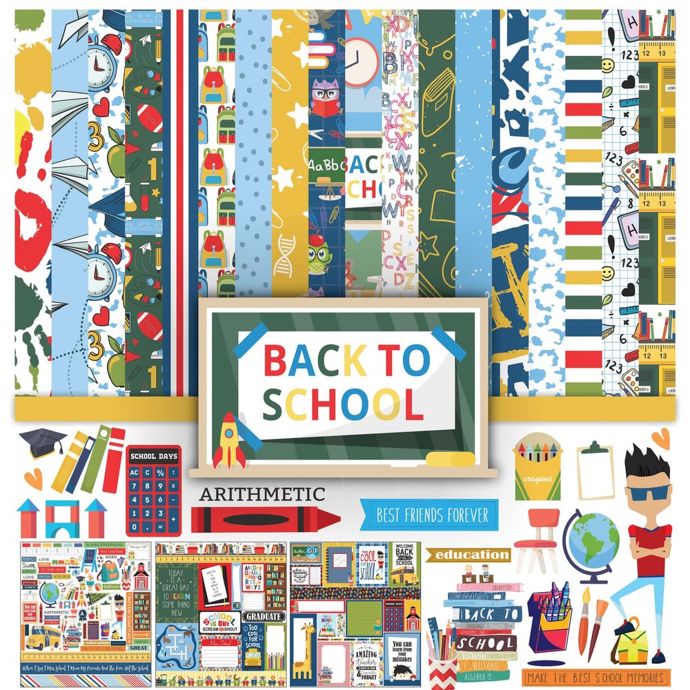 Inkdotpot Back to School Collection Double,Sided Scrapbook Paper Kit Cardstock 12"x12" Card Making Paper Pack of with Sticker Sheet - 16 Pages - Multicolor