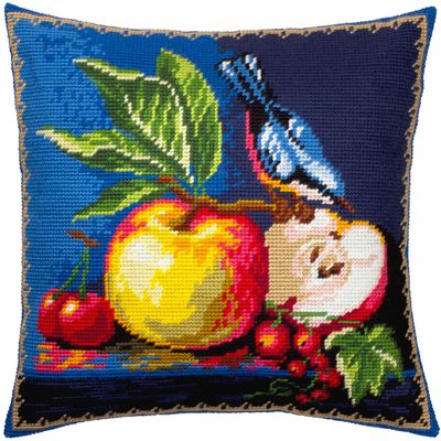 Brvsk Blue Needlepoint Kit for Adults and Beginners Red-flanked bluetail and Apples 1616 with Clear, Precise Printed Design on Cotton Canvas; Includes 2 Needles, Yarn, and Easy-Read Chart