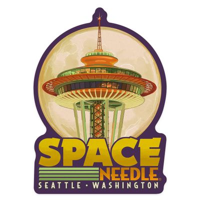 Die Cut Sticker Seattle, Washington, Space Needle and Full Moon, Vinyl Sticker, (Waterproof Decal for Cars, Water Bottles, Laptops, Coolers), Large