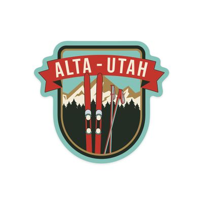 Die Cut Sticker Alta, Utah, Skis and Mountains, Vinyl Sticker, (Waterproof Decal for Cars, Water Bottles, Laptops, Coolers), Large