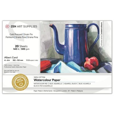 Watercolor Paper Block 4x6 in ZenART 100% Cotton Watercolor Paper, Cold Pressed 140 lb / 300 GSM, Acid-Free, 20 Sheets, Thick Absorbent, Artist Grade for Water Color, Gouache and Other Wet Media