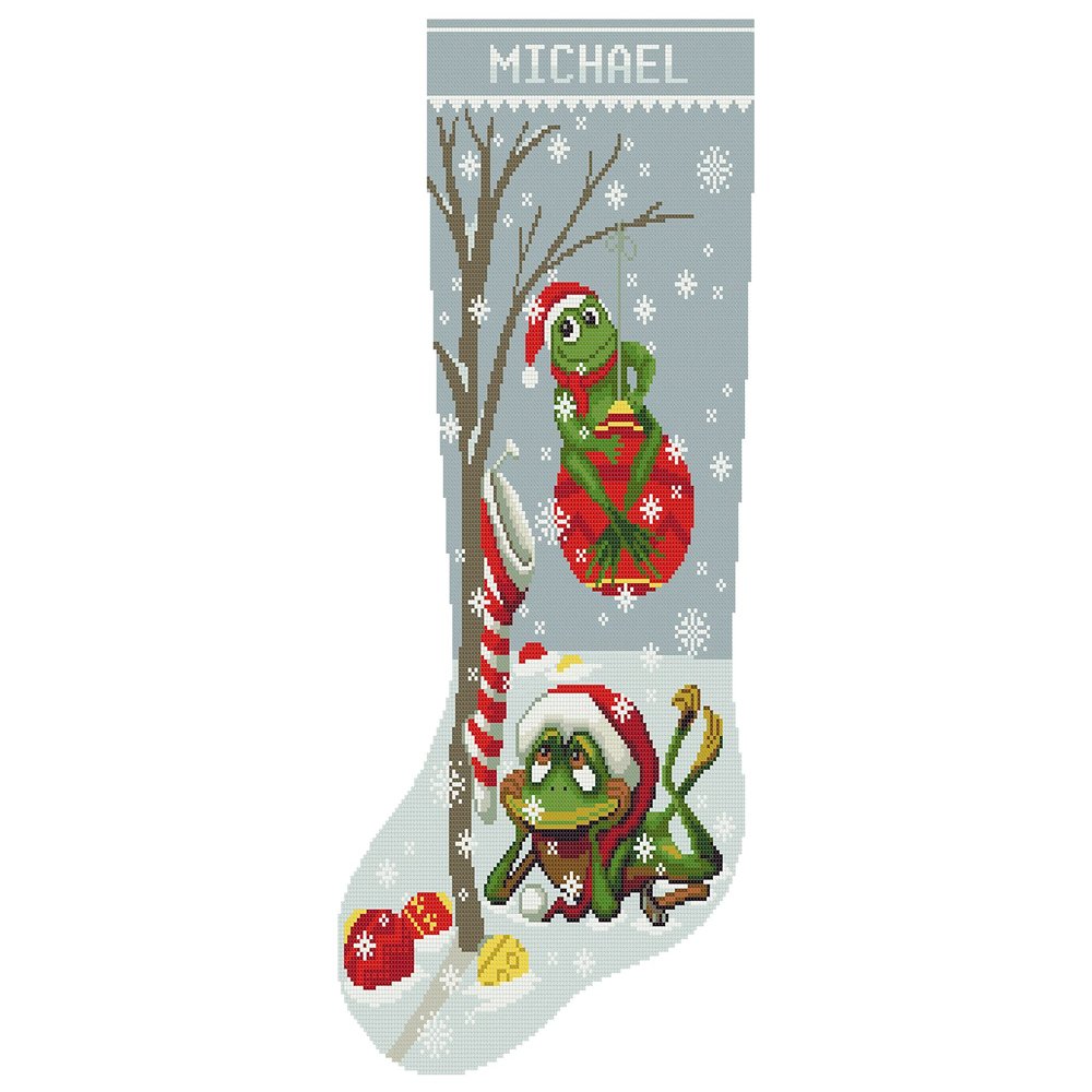 Cross Stitch Patterns Christmas Stockings, Personalized Modern Counted Easy Holiday Stockings DIY, Cute Funny Frogs Simple Design for Beginners, Digital Download