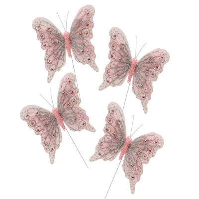 Set of 12 Glitter Monarch Feather Butterflies on Wire for Floral Arrangements and DIY Decorations (Light Pink)