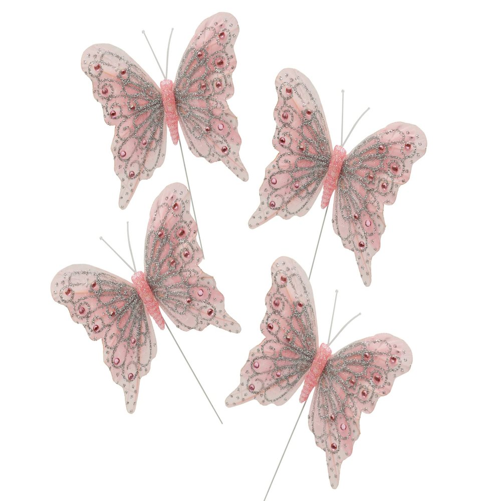 Set of 12 Glitter Monarch Feather Butterflies on Wire for Floral Arrangements and DIY Decorations (Light Pink)