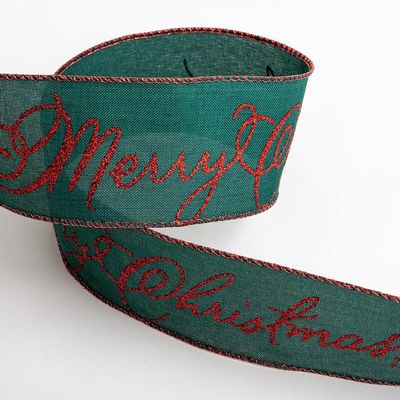 Italian Options 63mm Wide Merry Christmas Ribbon - Dark Green Linen (10 Mtr/Wired Edge)