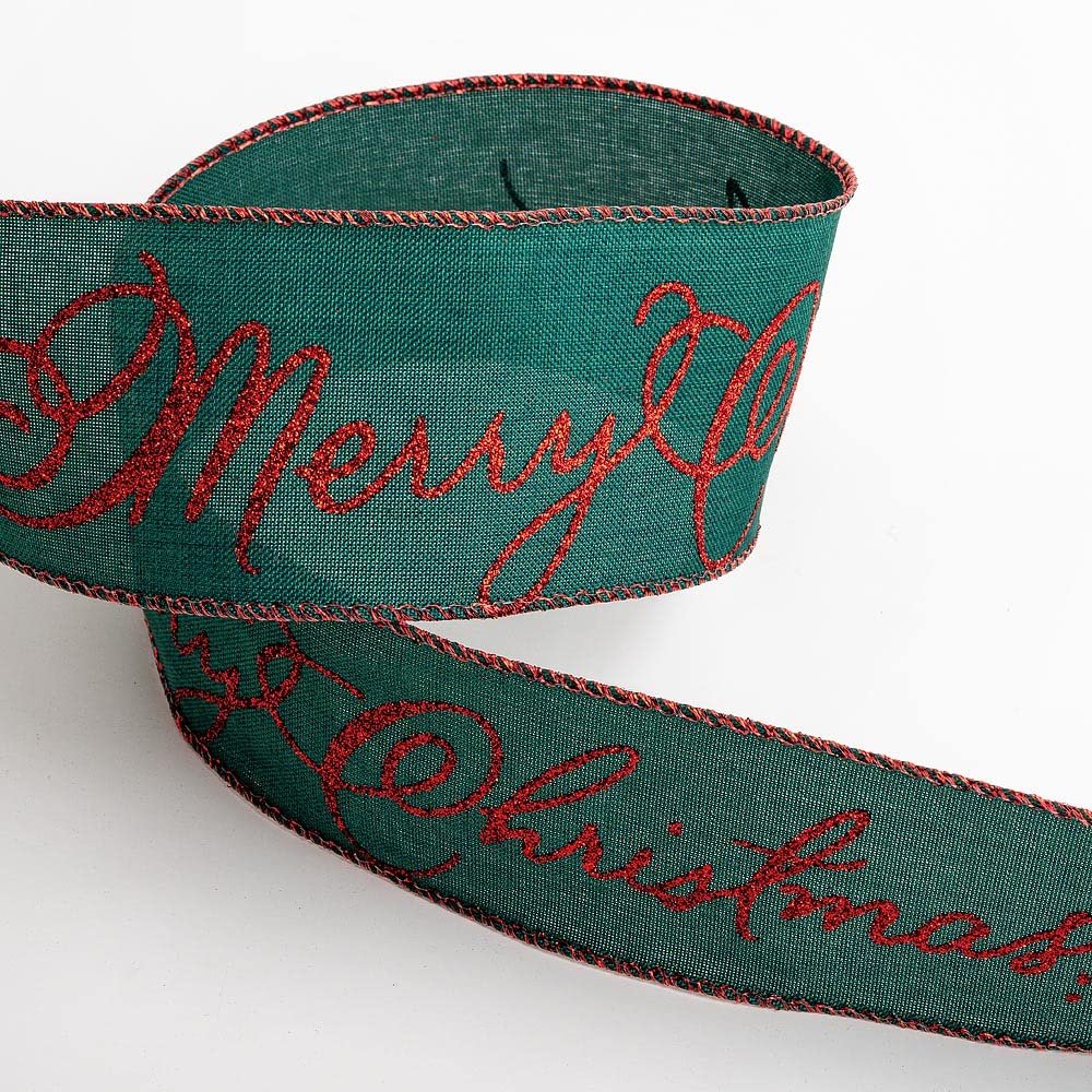 Italian Options 63mm Wide Merry Christmas Ribbon - Dark Green Linen (10 Mtr/Wired Edge)