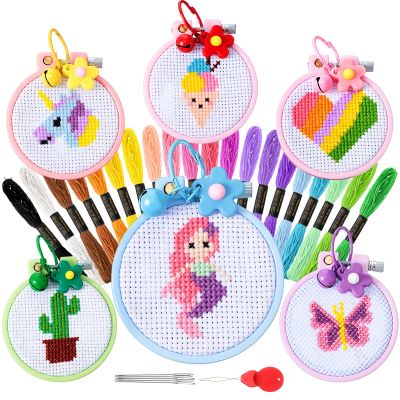 Chuangdi 6 Sets Cross Stitch Kit for Kids Easy Stamped Embroidery Kit for Beginners Girls 7-13 Needlepoint Craft Set with Instructions, DIY Key Chain, Embroidery Hoops Backpack Charms