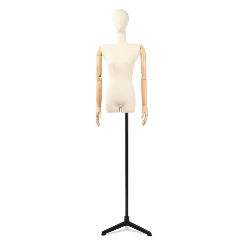 GXFWJD Flat Shoulder Female Dress Form Mannequin Torse Body with Head and Arms Linen Cover Manikins Height Adjustable Tripod Stand for Dress Jewelry Display (Color : Black)