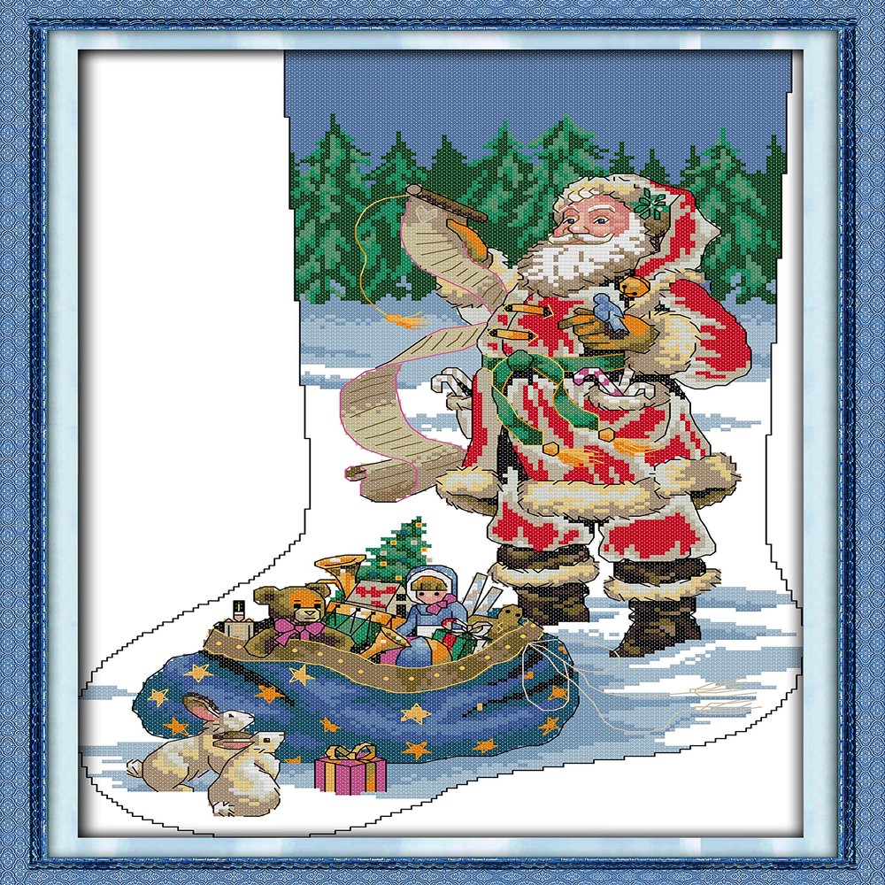 CaptainCrafts Cross Stitch Kits Christmas Stocking Stamped Cross Stitch Printed 14CT Fabric Cross Stitching DIY Needlecrafts Embroidery Kit for Adults (Stamped 14CT, Santa Claus preparing Gifts)