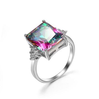 HaoMo 925 Sterling Silver Vintage Blue Zircon Solitaire Ring Blue Sapphire Topaz Ring Amethyst Rainbow Gemstone Ring Women Wedding Fashion Jewelry HM350 (Rainbow, 7)