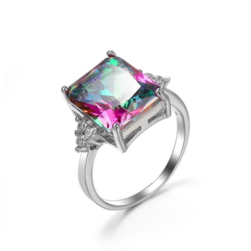 HaoMo 925 Sterling Silver Vintage Blue Zircon Solitaire Ring Blue Sapphire Topaz Ring Amethyst Rainbow Gemstone Ring Women Wedding Fashion Jewelry HM350 (Rainbow, 7)