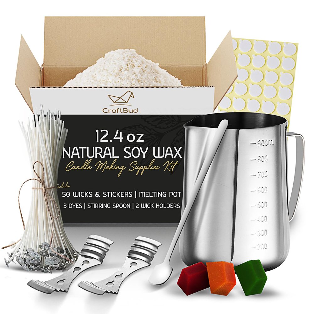 CraftBud Soy Candle Wax for Candle Making Natural Soy Wax for Candle Making 12.4 Oz Bag, Candle Making Wax, 12.4 Oz Soy Wax Flakes, 50 Candle Wicks, 50 Wick Stickers, and 2 Metal Centering Devices