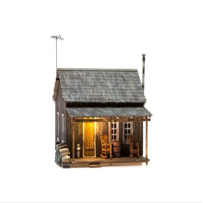 Woodland Scenics Rustic Cabin - N Scale Model Train Cabin - Cottage Theme - Brown Wood - Includes 15" Wires with Just Plug Connector, Pre-installed Warm White Nano LED Porch Light